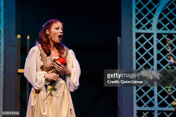 Singer of the Estudio Lirico Company performs during the dress rehearsal of Verdi’s Rigoletto opera on stage at the Philips Theatre on February 29,...