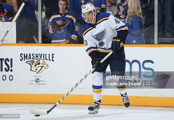 Jordan Schmaltz of the St. Louis Blues skates in warm-ups prior to the game against the Nashville Predators during an NHL game at Bridgestone Arena...