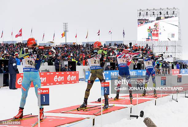 From L to R Ukraine's Sergey Semenov, Germany's Arnd Peiffer, Norway's Johannes Thingnes Boe and France's Quentin Fillon Maillet compete in the...