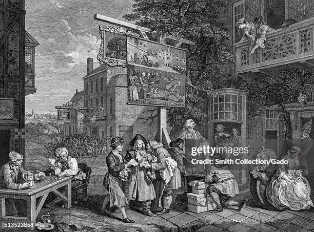 Engraving on paper, titled "The Humours of an Election, Plate 2, Canvassing for Votes", depicting Tory and Whig agents, both attempting to bribe an...