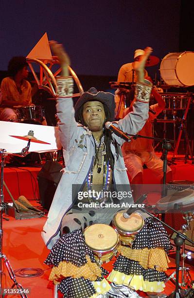 Brazilian musician Carlinhos Brown performs on stage at the "Velodromo de Anoeta" on the seventh day of the 52nd San Sebastian International Film...