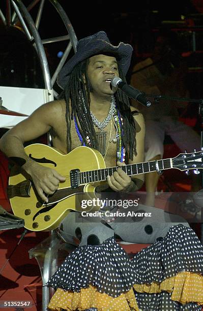 Brazilian musician Carlinhos Brown performs on stage at the "Velodromo de Anoeta" on the seventh day of the 52nd San Sebastian International Film...