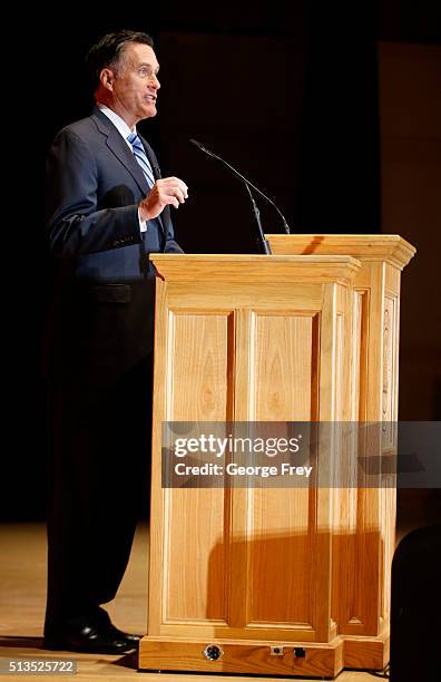 Mitt Romney gives a speech on the state of the Republican party at the Hinckley Institute of Politics on the campus of the University of Utah on...