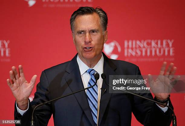 Mitt Romney gives a speech on the state of the Republican party at the Hinckley Institute of Politics on the campus of the University of Utah on...