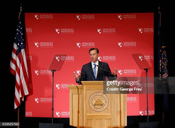 Mitt Romney gives a speech on the state of the Republican party at the Hinckley Institute of Politics on the campus of the University of Utah on...