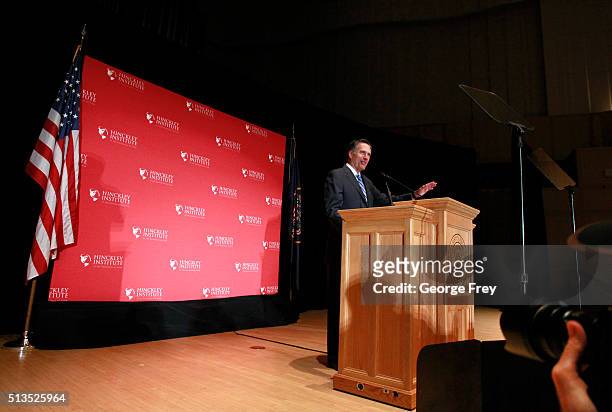 Former Massachusetts Gov. Mitt Romney gives a speech on the state of the Republican party at the Hinckley Institute of Politics on the campus of the...