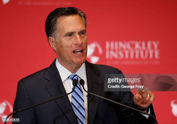 Former Massachusetts Gov. Mitt Romney gives a speech on the state of the Republican party at the Hinckley Institute of Politics on the campus of the...