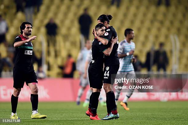 Amedspor's Kamil Icer celebrates with his teammates after scoring a goal during the Zirrat Turkish Cup football match between Fenerbahce and Amedspor...