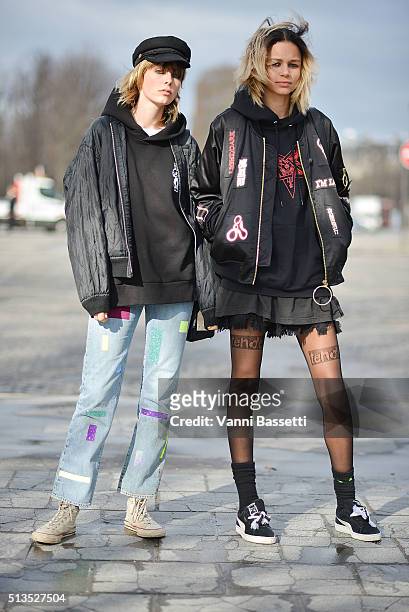 Models Edie Campbell and Binx Walton pose after the Chloe show at the Grand Palais during Paris Fashion Week FW 16/17 on March 3, 2016 in Paris,...
