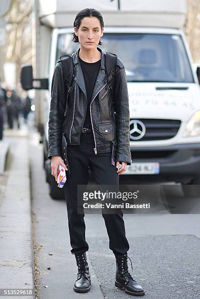 Model Heather Kemesky poses after the Paco Rabanne show at the Musee d'art Moderne during Paris Fashion Week FW 16/17 on March 3, 2016 in Paris,...
