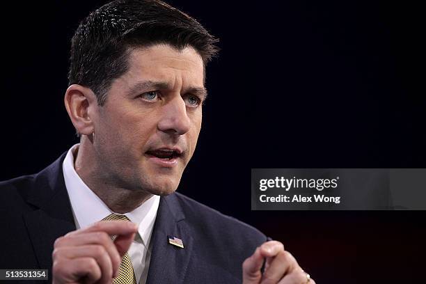 Speaker of the House Rep. Paul Ryan speaksduring the Conservative Political Action Conference March 3, 2016 in National Harbor, Maryland. The...