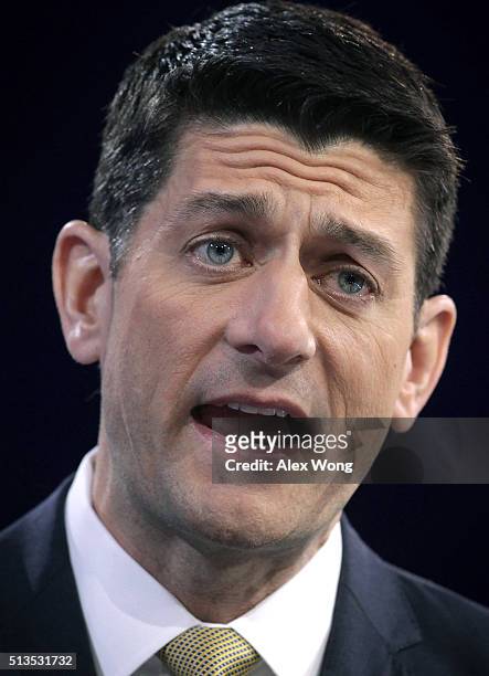 Speaker of the House Rep. Paul Ryan speaksduring the Conservative Political Action Conference March 3, 2016 in National Harbor, Maryland. The...