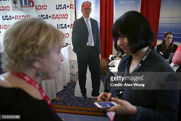 Cardboard cutout of Republican presidential candidate Donald Trump is seen during the Conservative Political Action Conference March 3, 2016 in...