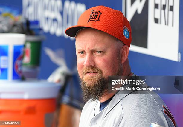 Casey McGehee of the Detroit Tigers looks on from the dugout during the Spring Training game against the New York Yankees at George M. Steinbrenner...