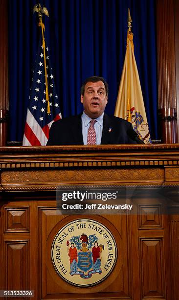 New Jersey Gov. Chris Christie fields questions at a wide-ranging news conference, March 3, 2016 at the Statehouse in Trenton, New Jersey. Christie...