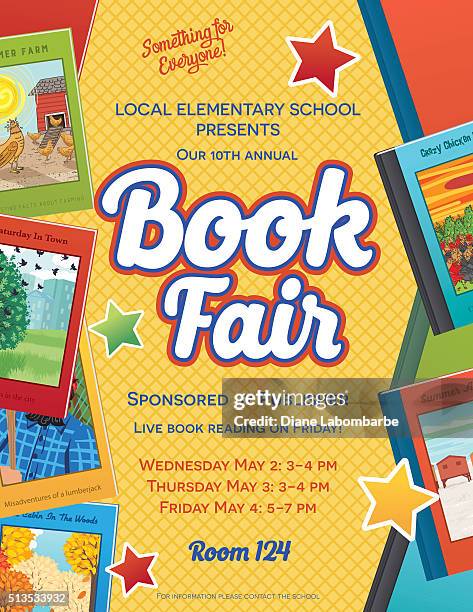 illustrations, cliparts, dessins animés et icônes de chambre lumineuse de style enfants foire du livre ou invitation affiche de vente - salon du livre