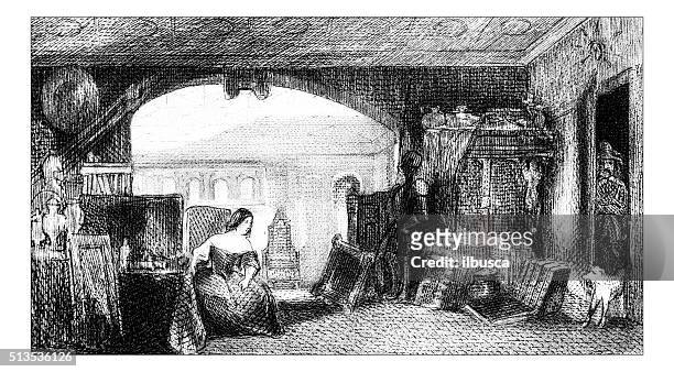 antique illustration of woman indoor - woman entering home stock illustrations