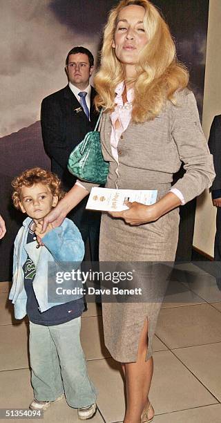 Model Jerry Hall with son Gabriel at the UK Film Premiere of 'Harry Potter And The Philosopher's Stone', held at the Odeon, Leicester Square on 4th...