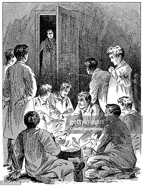 victorian schoolboys discovered having a midnight feast in the dormitory - boarding school stock illustrations