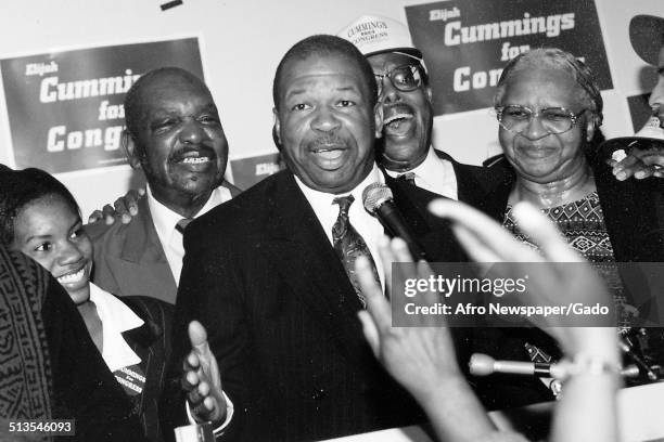 Politician and Maryland congressional representative Elijah Cummings at his campaign headquarters, 1988.