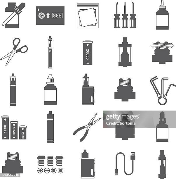 vaping electronic cigarette icon set - perfume white background stock illustrations