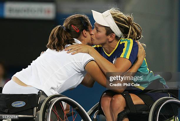 Daniela Di Toro of Australia wins Bronze Medal against Florence Gravellier of France during the Athens 2004 Paralympic Games September 24, 2004 at...