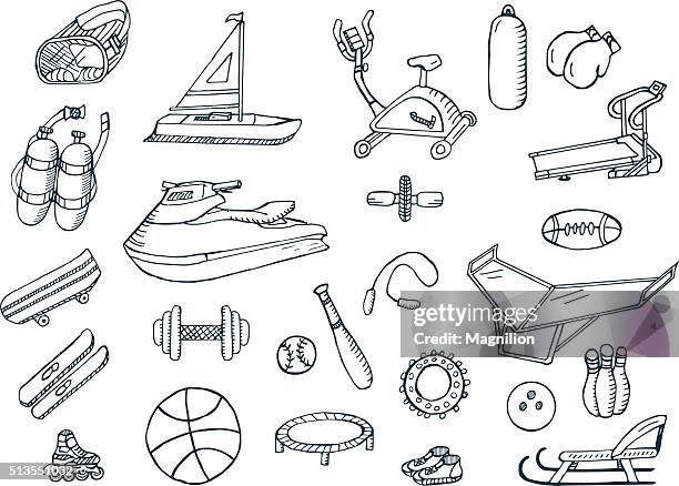 ilustraciones, imágenes clip art, dibujos animados e iconos de stock de conjunto de garabatos de estilo de vida activo - máquina de andar y correr