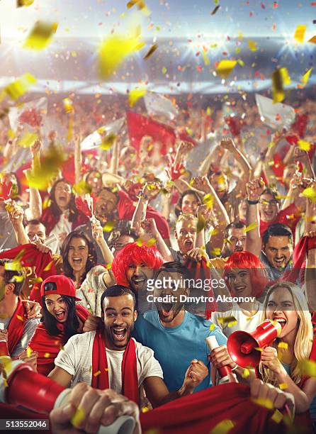 sport fans: happy cheering crowd - fan enthusiast stock pictures, royalty-free photos & images