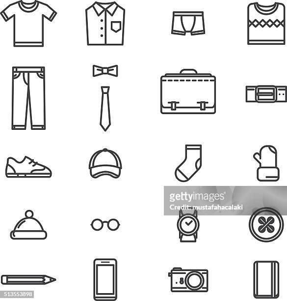 ilustrações, clipart, desenhos animados e ícones de homem acessórios lineart ícones simples - pe�ça íntima do vestuário