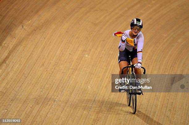 Kristina Vogel of Germany after winning the Women's Keirin final during Day Two of the UCI Track Cycling World Championships at Lee Valley Velopark...