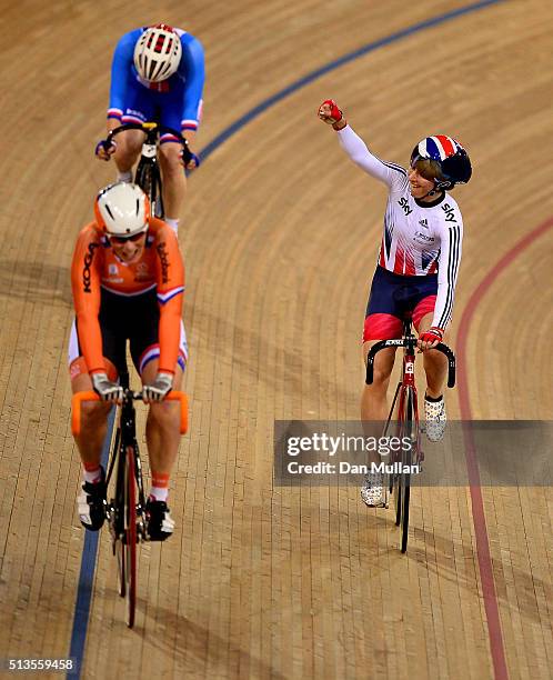 Laura Trott of Great Britain celebrates after winning a gold medal in the Womens Scratch race during Day Two of the UCI Track Cycling World...