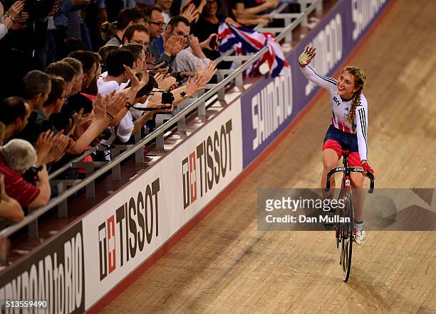 Laura Trott of Great Britain celebrates after winning a gold medal in the Womens Scratch race during Day Two of the UCI Track Cycling World...