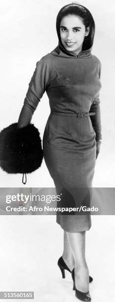 Jazz musician Harry Belafontes wife Marguerite Belafonte modeling during an NAACP Fashions for Freedom event, Raleigh, North Carolina, 1958.