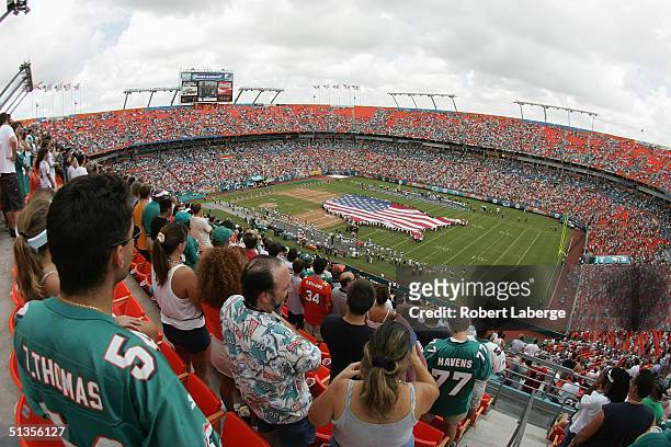 General view of the stadium as an American flag is on the field during the game between of the Miami Dolphins and the Tennessee Titans at Pro Player...