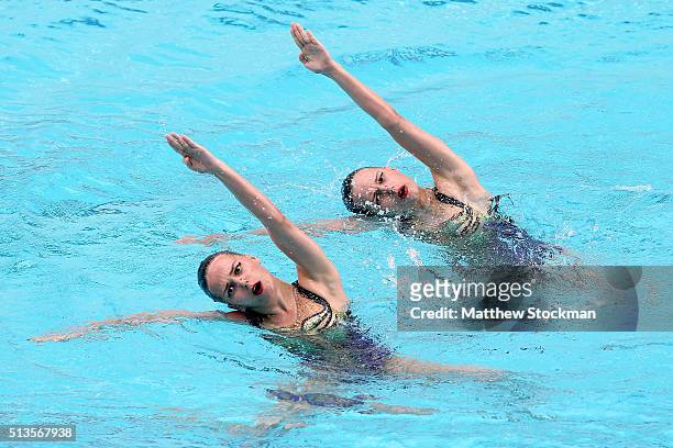 Alexandra Nemich and Yekaterina Nemich of Kazakhstan compete in the Duets Free Routine - First Round during the FINA Olympic Games Synchronised...