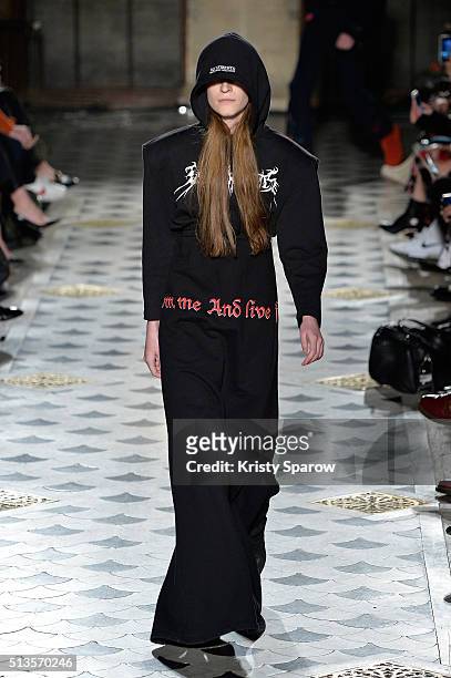 Model walks the runway during the Vetements show as part of Paris Fashion Week Womenswear Fall/Winter 2016/2017 on March 3, 2016 in Paris, France.