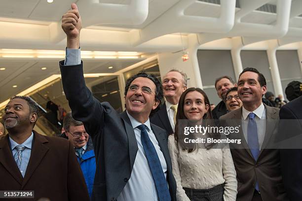 Architect Santiago Calatrava, center, gestures while standing inside the World Trade Center transit hub in New York, U.S., on Thursday, March 3,...