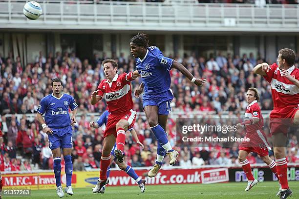 Didier Drogba of Chelsea leaps above Gareth Southgate of Middlesbrough only to send his header over the crossbar during the FA Barclaycard...