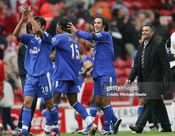 Didier Drogba of Chelsea is congratulated by Ricardo Carvalho and his manager Jose Mourinho at the final whistle during the FA Barclaycard...