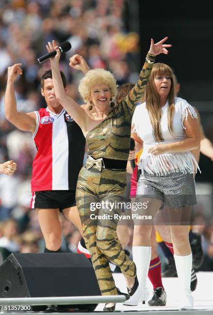 Kath and Kim performs before the AFL Grand Final between the Port Adelaide Power and the Brisbane Lions at the Melbourne Cricket Ground September 25,...