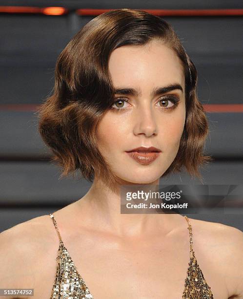Actress Lily Collins arrives at the 2016 Vanity Fair Oscar Party Hosted By Graydon Carter at Wallis Annenberg Center for the Performing Arts on...