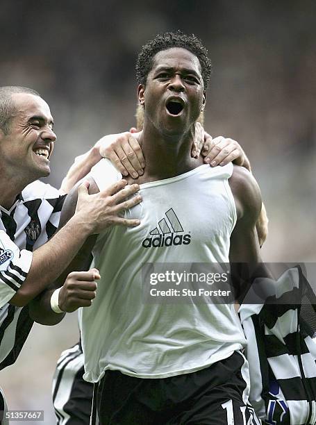 Newcastle striker Patrick Kluivert celebrates after scoring for Newcastle during the FA Barclays Premiership match between Newcastle United and West...