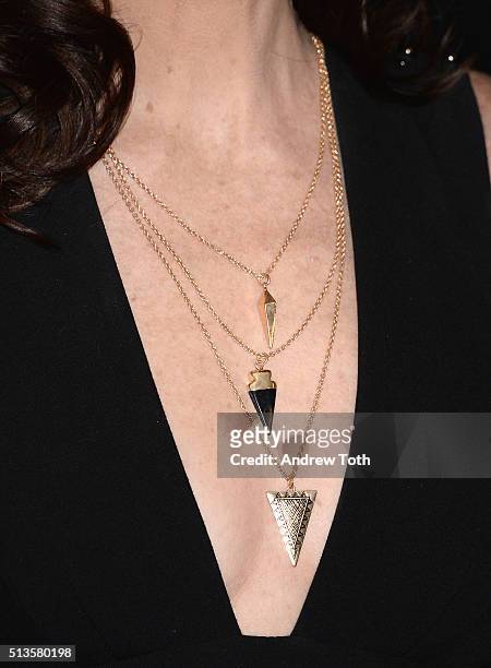 Miriam Shor, necklace detail, attends the Viacom Kids and Family Group Upfront event at Frederick P. Rose Hall, Jazz at Lincoln Center on March 3,...