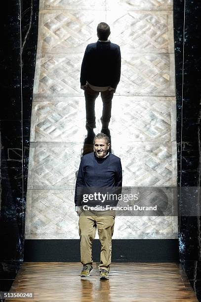 Fashion designer Pascal Millet acknowledges the audience at the end of the Pascal Millet show as part of the Paris Fashion Week Womenswear...