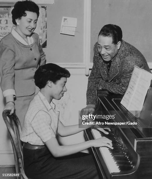 Teacher, African-American composer, pianist, bandleader and Jazz musician Duke Ellington and Ann Rhoden at Bennett College, Greensboro, North...