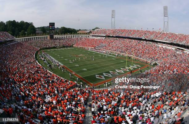 The Virginia Cavaliers play host to the Syracuse Orangemen during NCAA football at Scott Stadium on September 25, 2004 in Charlottesville, Virginia.