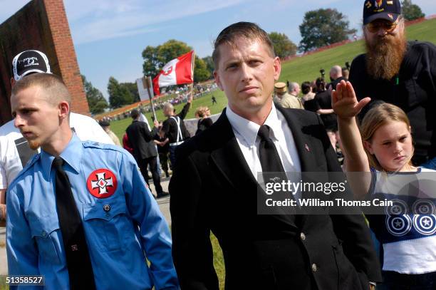 Aryan Nation member Charles Juba along with other members participates in an American Nazi Party rally at Valley Forge National Park September 25,...