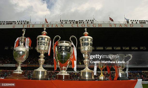 The trophies that were won under Brian Clough are presented during the Coca-Cola Championship match between Nottingham Forest and West Ham United at...