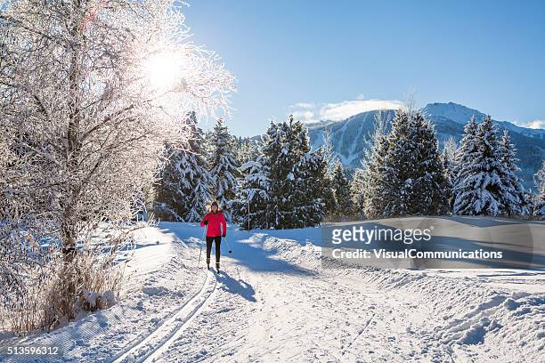 mujer esquí nórdico en día soleado. - esquíes de fondo fotografías e imágenes de stock