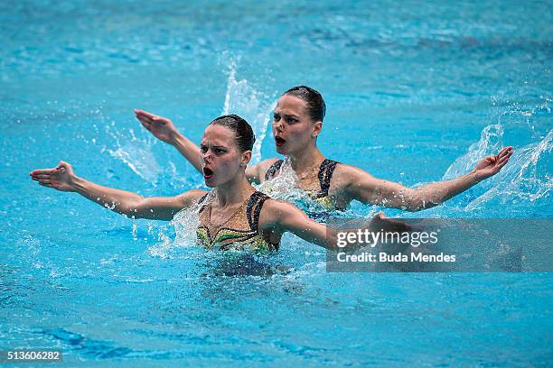 Alexandra Nemich and Yekaterina Nemich of Kazakhstan compete in the Duets Free Routine - First Round during the FINA Olympic Games Synchronised...